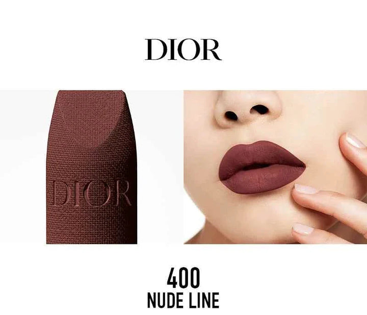 Rouge Dior الكلاسيكية matte lipstick in shade 400 Nude Line with rich brown color on lips and Dior embossed bullet.