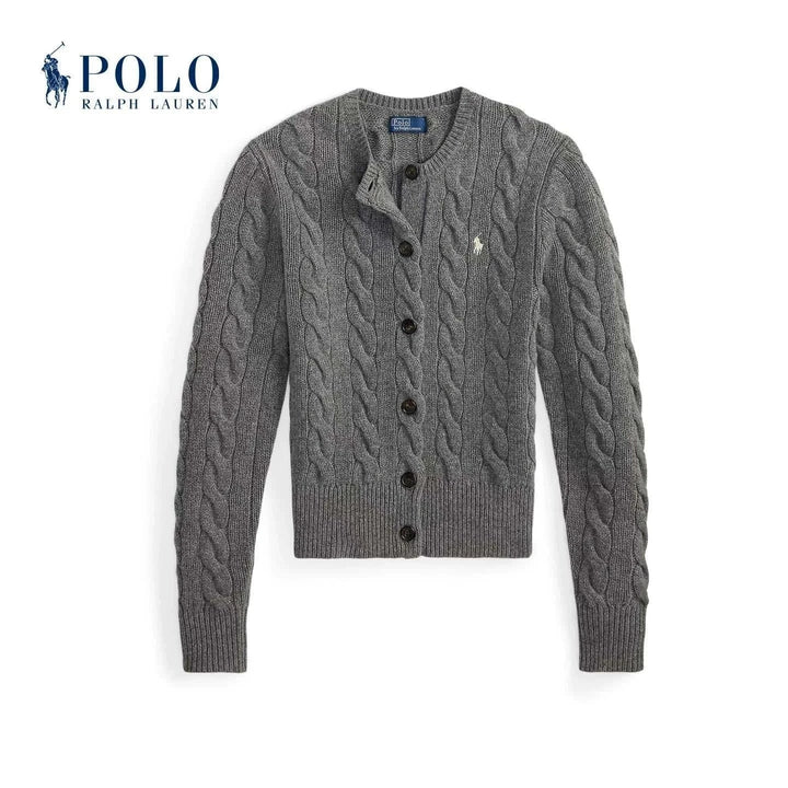 كاردجان Ralph Lauren رمادي بتصميم جدائل وشعار بولو مطرز للراحة والأناقة اليومية