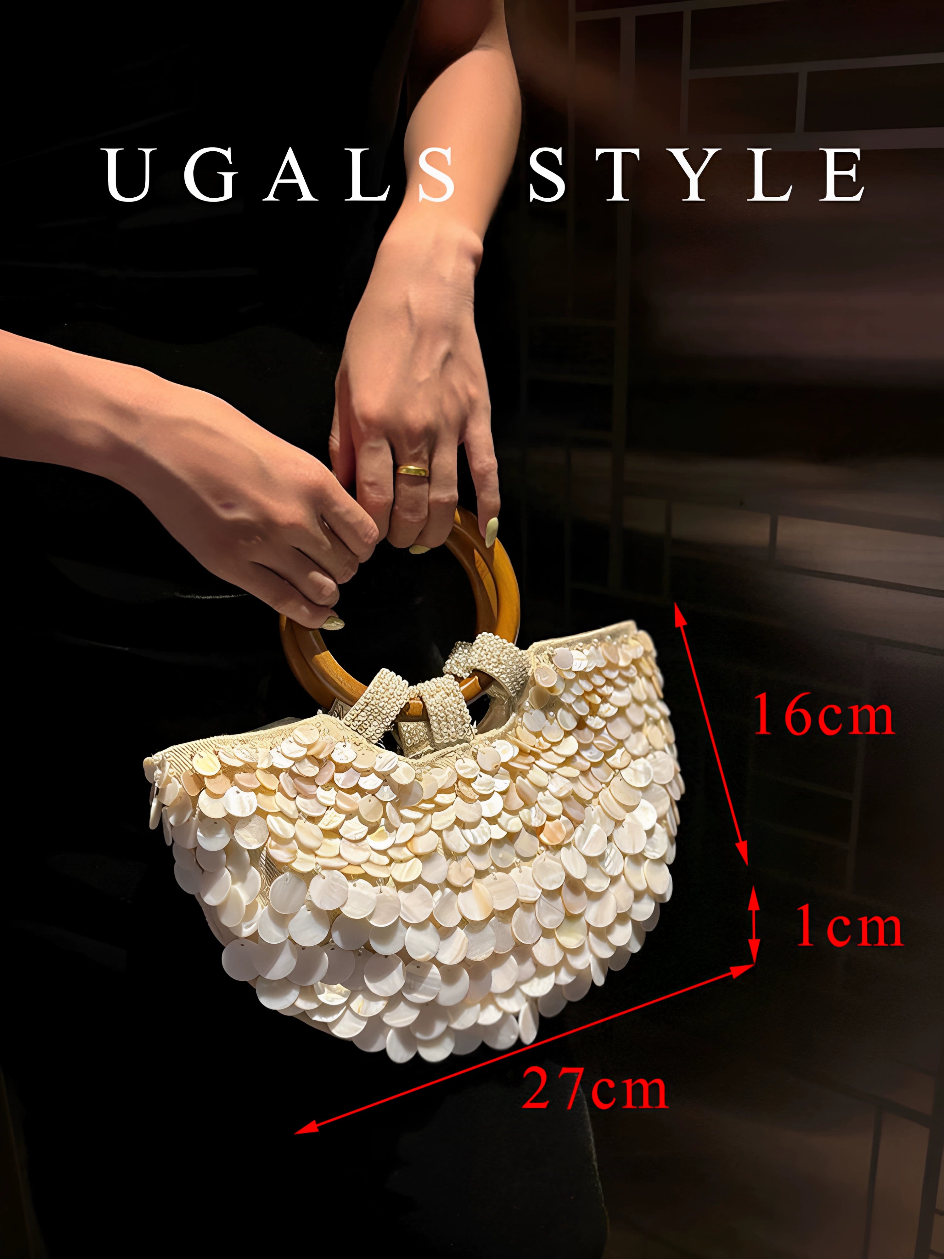 UGALS French vintage handwoven beaded sequined shell cabbage basket ring bucket clutch crossbody bag