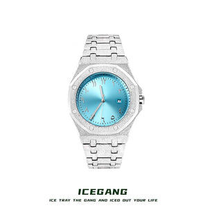 ساعة ICEGANG بميناء أزرق جليدي وسوار معدني فضي