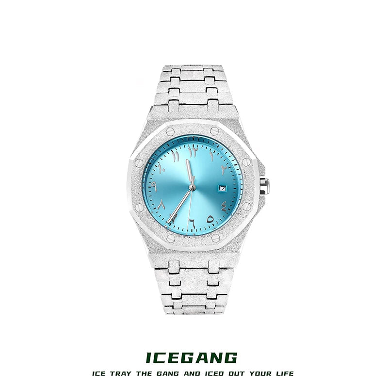 ساعة ICEGANG بميناء أزرق جليدي وسوار معدني فضي