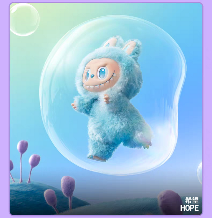 Pop Mart THE MONSTERS blue plush figure in a bubble floating, themed as Hope.
