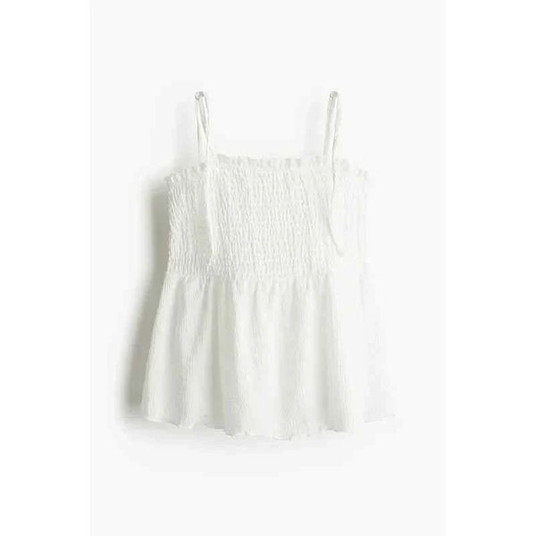 Blouse with tie straps, white, sleeveless, ruched jersey fabric.اتش اند ام