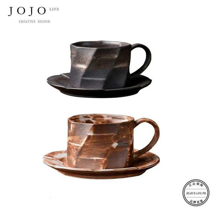 JOJO'S L.PD. East handmade ceramic coffee cups with saucers in black and earthy brown retro Japanese design
