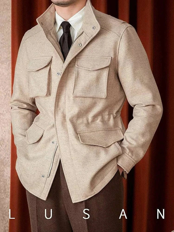 Mr. Lusan جاكيت 10 Italian Gentleman jacket beige herringbone fabric with multiple pockets and high collar design