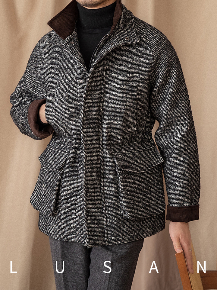 Mr. Lusan 92% wool heavy jacket black and white tweed with brown korduroy collar and large front pockets