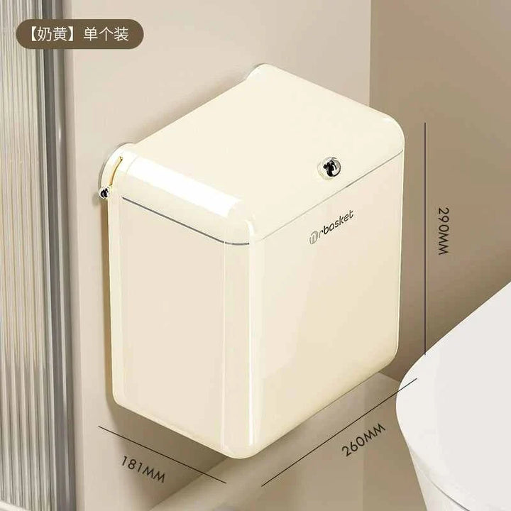 Cream wall-mounted Mr.Basket trash bin with dual lid and 9-liter capacity, compact space-saving design