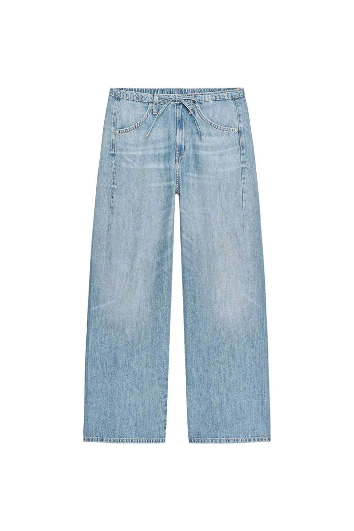 ZARA wide leg jeans for women light blue denim casual comfortable elastic waist with drawstring pockets