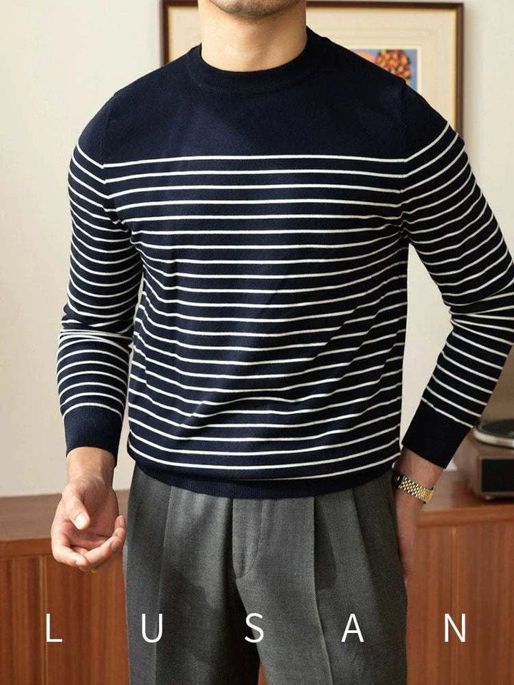 Mr. Lusan sea soul wool sweater navy blue with white horizontal stripes and ribbed cuffs and hem