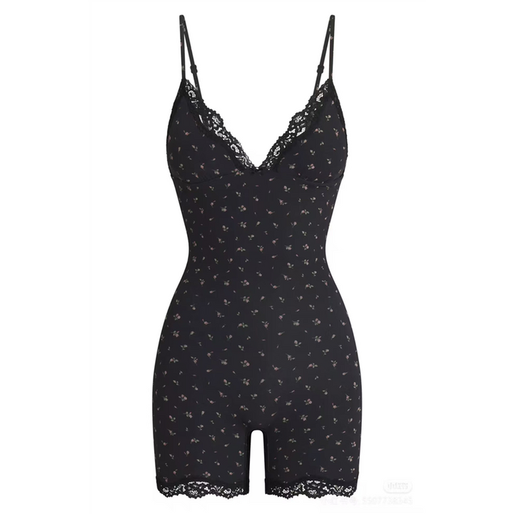 SKIMS lace floral short romper bodysuit with thin straps and delicate lace trim