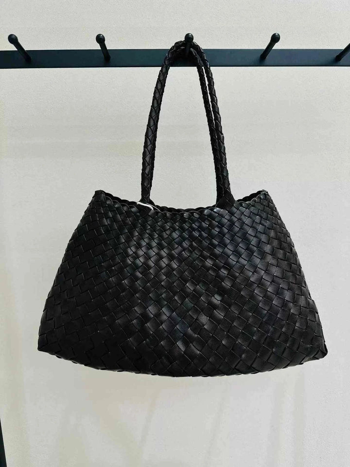 Black Dragon woven حقيبة يد نسائية من الجلد الطبيعي بتصميم مجدول وحجم عملي مع حزام كتف طويل