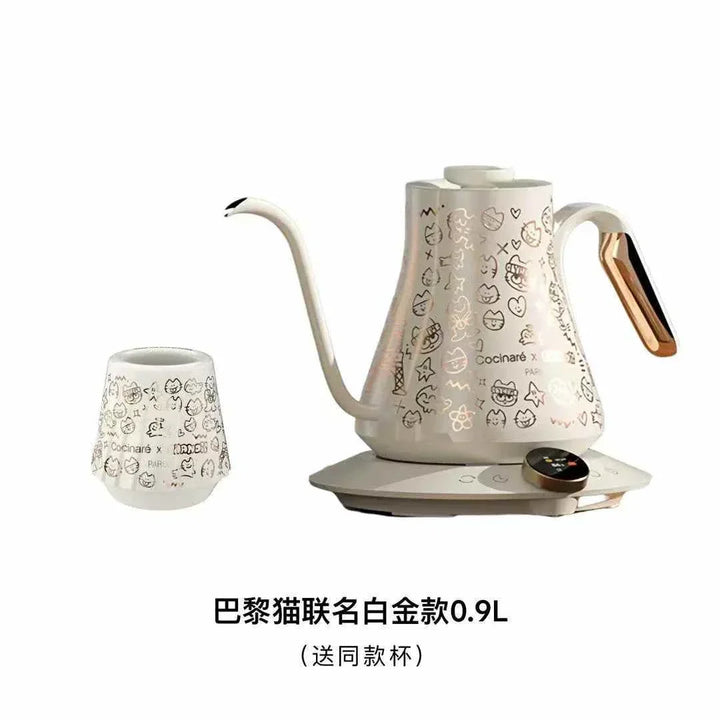 Electric Cocinare kettle with artistic graffiti design, precision temperature control, ergonomic handle, stainless steel interior, and limited edition Paris collaboration.