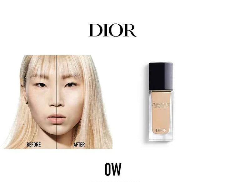 Dior Forever Foundation bottle with before and after woman face showing natural radiant skin transformation