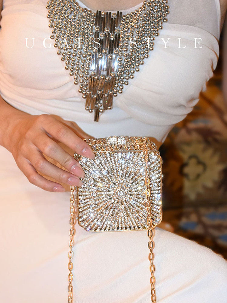 UGALS French حقيبة سهرة Clutch مرصعة بالكريستال بتصميم مربع ذهبي
