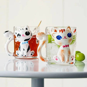 JOJO hand-painted cute cat glass coffee cup.