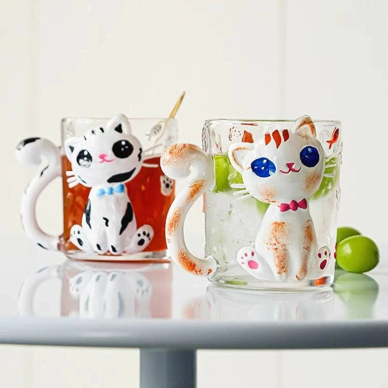 JOJO hand-painted cute cat glass coffee cup.