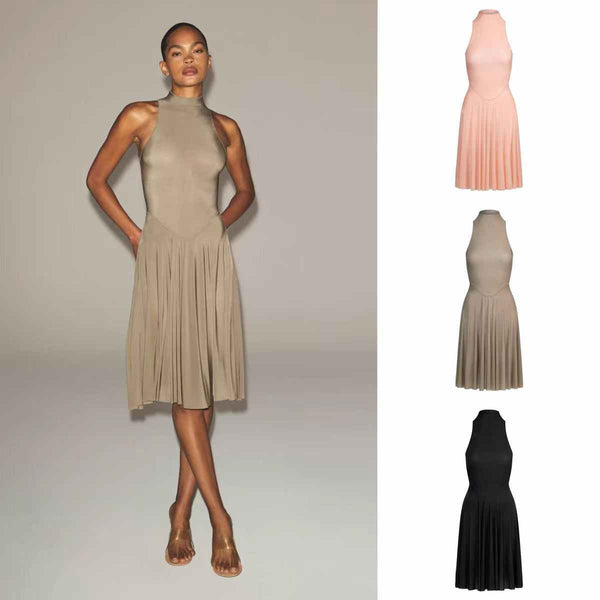 SKIMS high neck midi dress with sleeveless design and wide pleated skirt in multiple colors