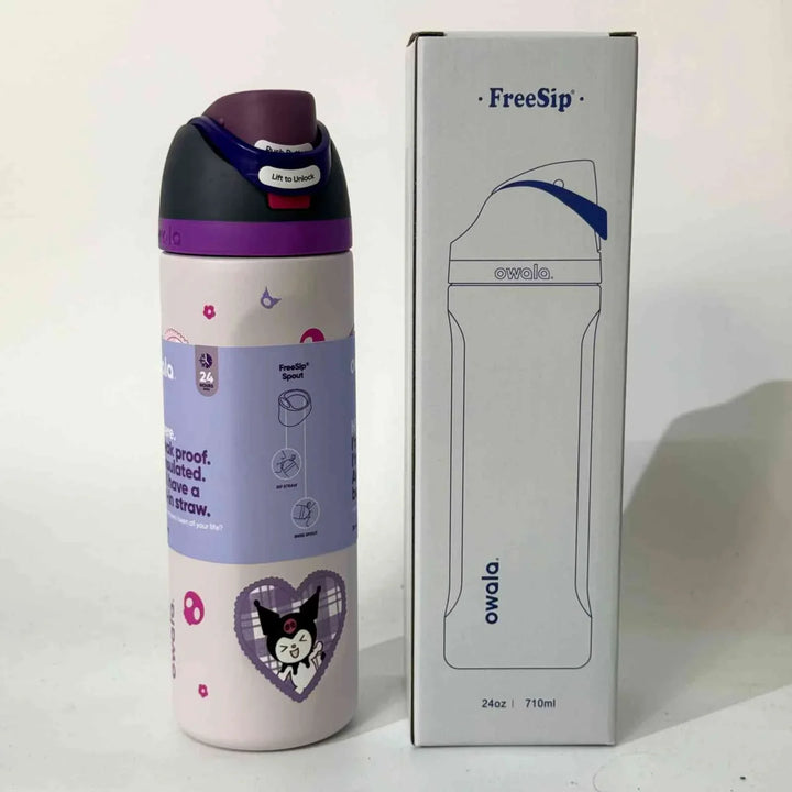 Owala FreeSip stainless steel water bottle with dual spout and leak-proof design in pink with playful cat graphic.