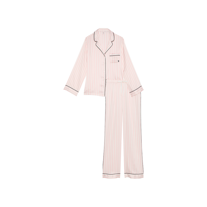 Victoria's Secret Show Series women's smooth satin long sleeve striped pajama set with pants for summer outdoor wear