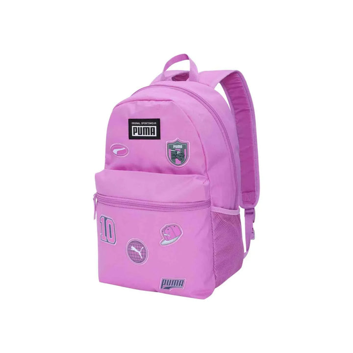 Pink Puma backpack with sporty patches, adjustable padded straps, durable fabric, and multiple compartments for school or casual use.