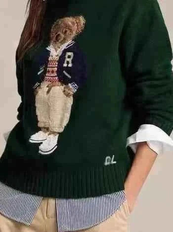 كنزة صوفية أصلية هاوت كوتور أمريكية polo Bear برقبة دائرية وتطريز دب كاجوال