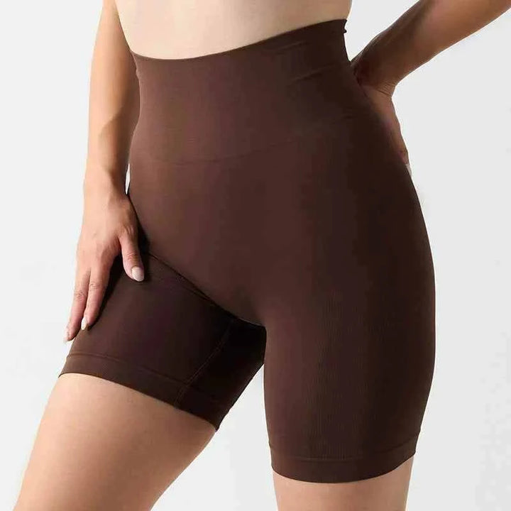 brown high-waist body shaping shaper shorts with smooth seamless edges, designed for a sculpted waist and comfortable daily wear