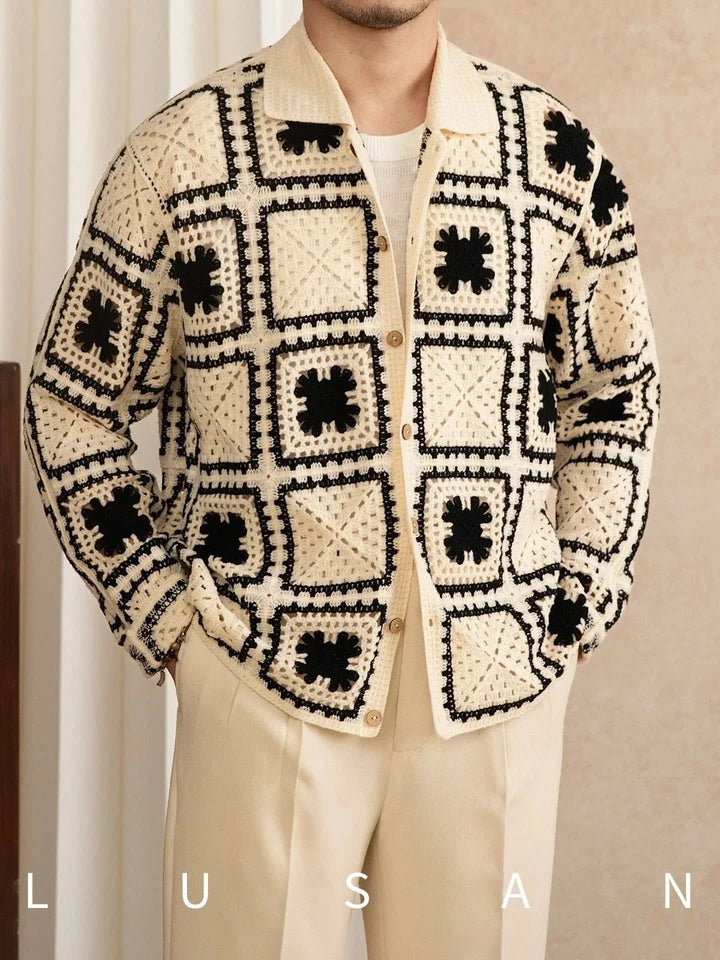 Mr. Lu San's autumn كارديجان knitted cream cardigan with black crochet square pattern and wooden buttons