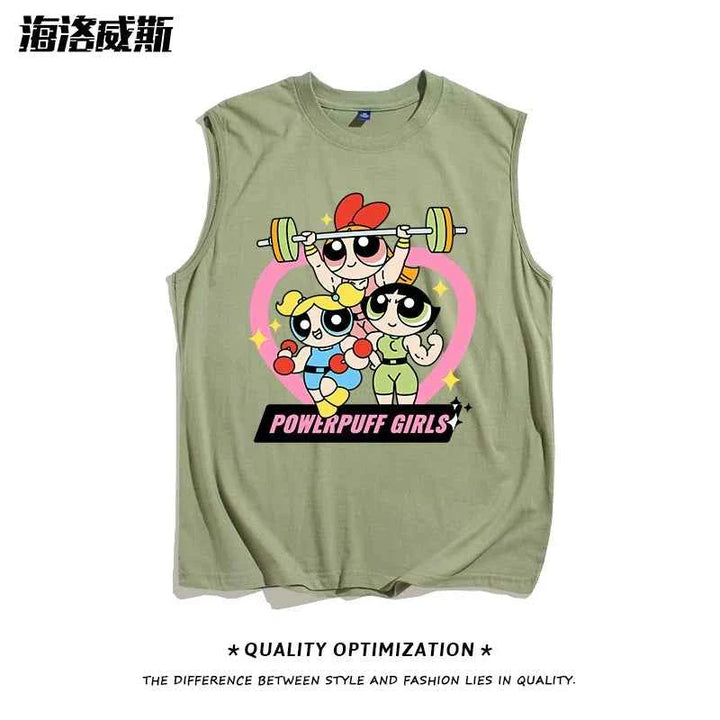 تيشيرت كت بدون أكمام بنقشة Powerpuff Girls البطولات الثلاث يرفعن أثقال بتصميم رياضي ملون