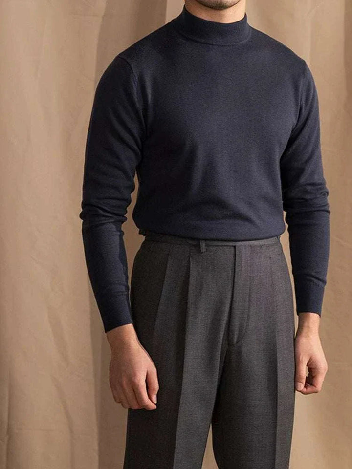 Mr. Lu San's 30% wool slim fit half-high neck sweater in black with elastic cuffs and hem for a sleek, warm, and wrinkle-resistant look