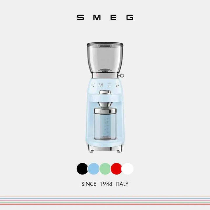 SMEG coffee grinder with stainless steel conical blades, 30 grind levels, anti-static system, adjustable capacity, and sleek metal body in multiple colors including light blue.