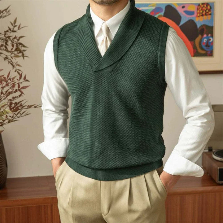 Mr. Lusan warm sweater vest in dark green with V-neck shawl collar, textured knit, perfect for layering and office wear