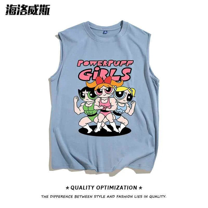 blue sleeveless Powerpuff Girls cartoon graphic t-shirt for youth summer style