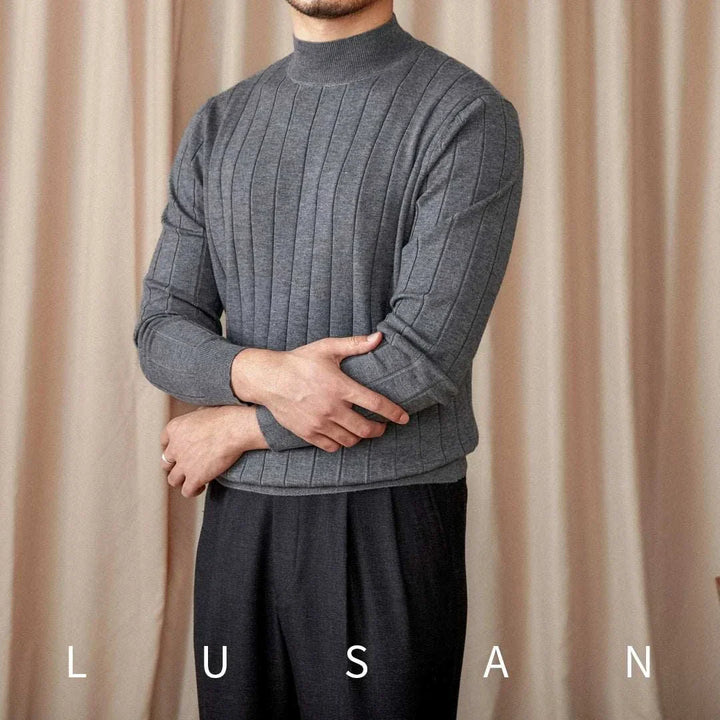 Mr. Lusan pullover slim wool Italian semi-turtleneck sweater in grey with vertical stripes and slim fit design