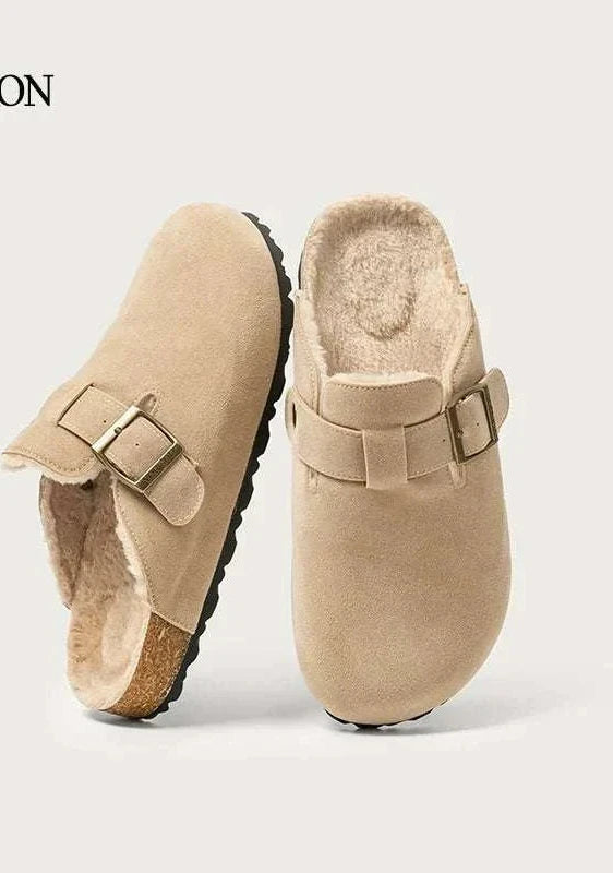 حذاء منزلي dalaxiong من القطن بخامة سويد ناعمة وبطانة فرو دافئة مع مشبك نحاسي وقاعدة مطاطية مقاومة للانزلاق