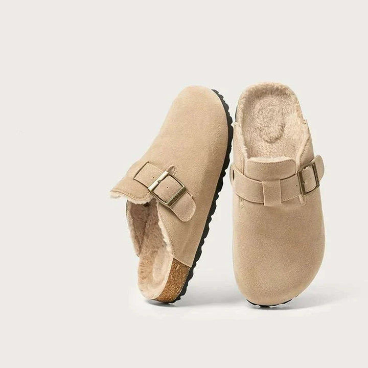 شبشب Dalaxiong مريح من القطن والفلين بتبطين فرو ناعم وحزام معدني أنيق للراحة اليومية