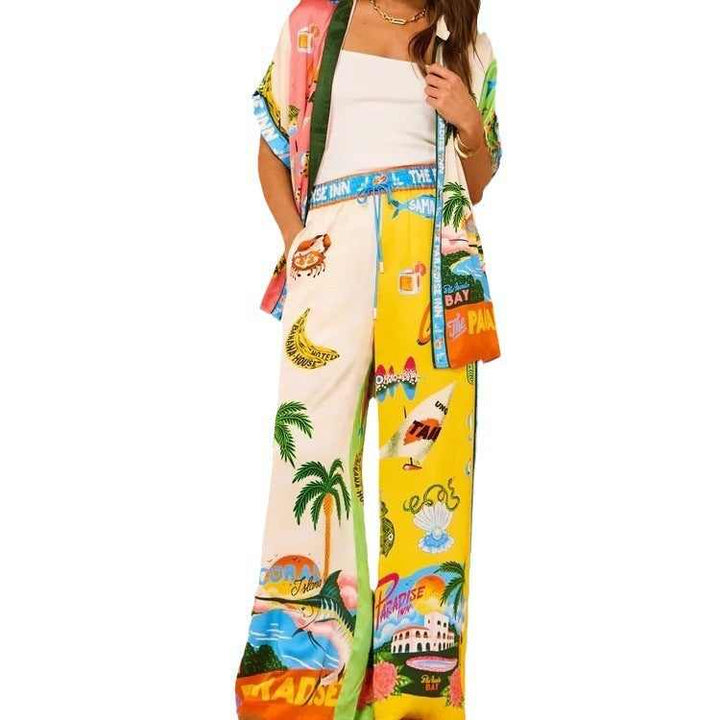 European and American fashion color-blocked resort casual tether set with personality print and short sleeves.