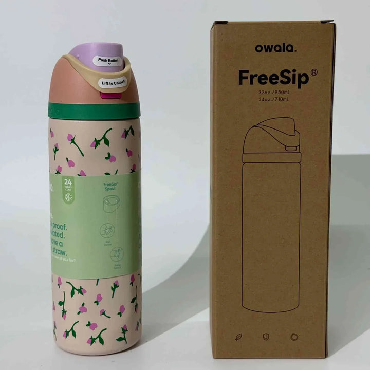 Owala Thermos CupKitty Limited Edition with FreeSip dual drinking spout and leak-proof design next to its packaging box