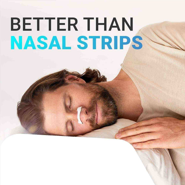 Man sleeping comfortably with a nasal breathing dilator, text reads "Better than nasal strips."