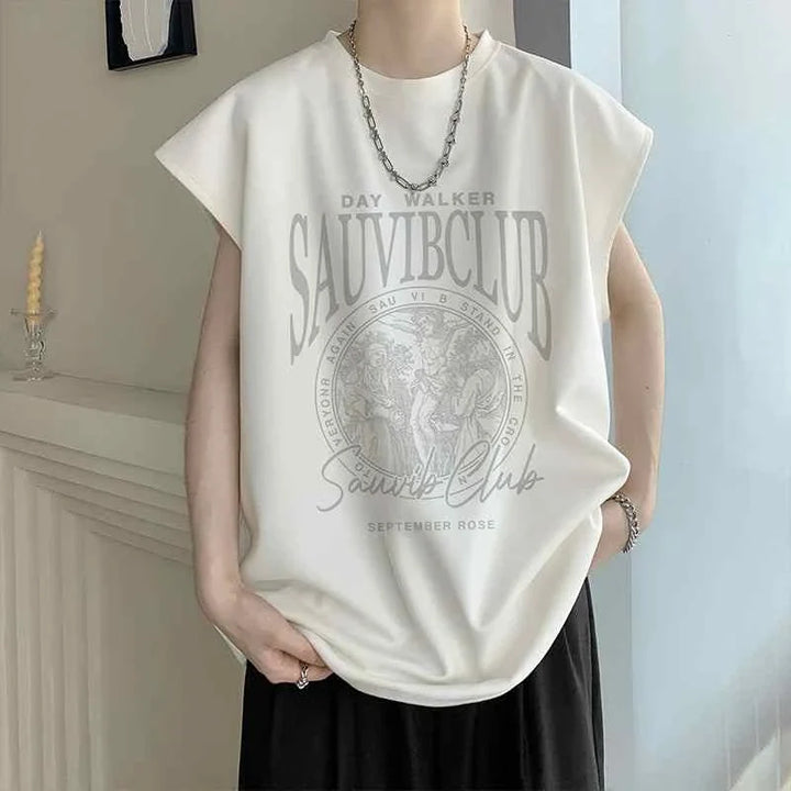 White SAUVIBCLUB sleeveless t-shirt with graphic print and relaxed fit for casual wear