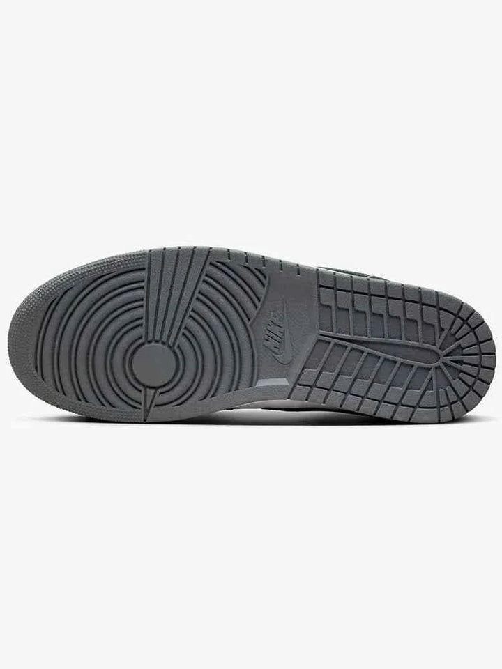 Sole view of Nike Air Jordan 1 men's shoes in Iron Grey, featuring durable rubber for stability.