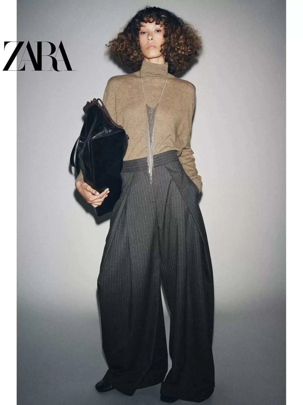 ZARA2025 new winter women's ZW mid-waist striped pleated trousers 7149247 802