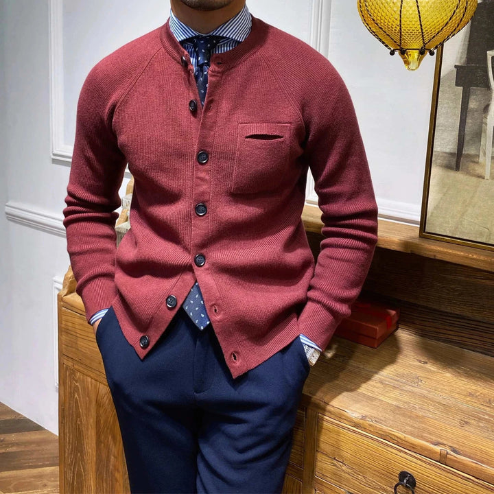 Mr. Lu San British slim burgundy cardigan jacket with front buttons and chest pocket
