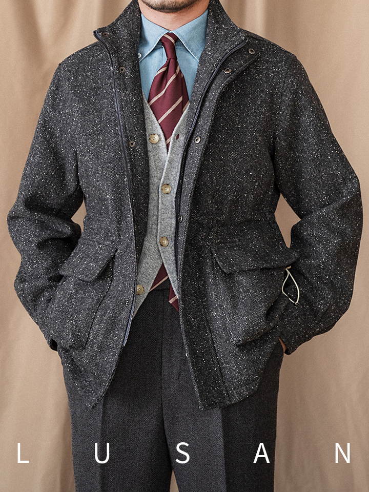 Mr. Lusan Italian gentleman jacket grey tweed with zip and snap collar, stylish men's outerwear