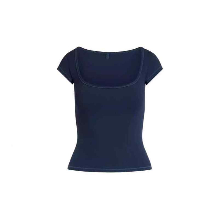 Navy blue SKIMS square neck short sleeve tee with fitted silhouette and soft stretchy fabric.