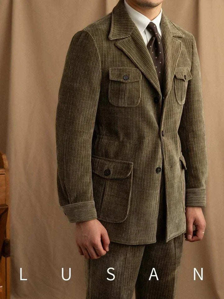Mr. Lusan Jacket British corduroy tailored jacket with classic collar and buttoned pockets in olive color