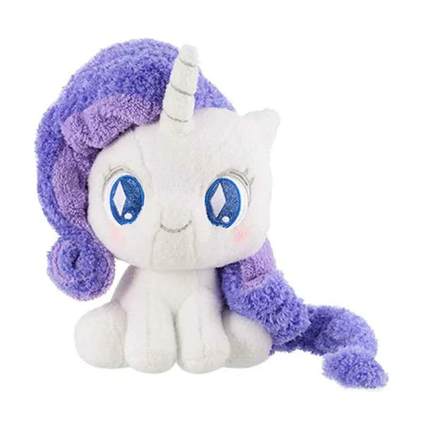 Plush My Little Pony Q version with purple mane, cute sitting pose, soft fabric.