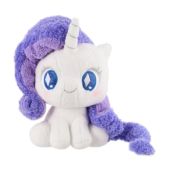 Plush My Little Pony Q version with purple mane, cute sitting pose, soft fabric.