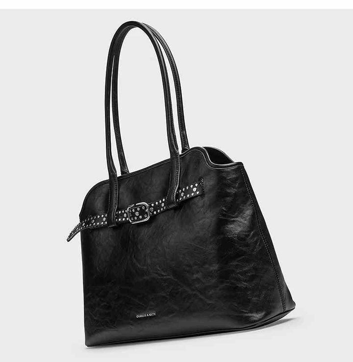Black CHARLES&KEITH large leather shoulder bag with decorative waist belt and gold-tone details