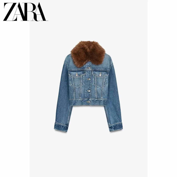 ZARA short denim jacket for women with brown fur collar and casual design