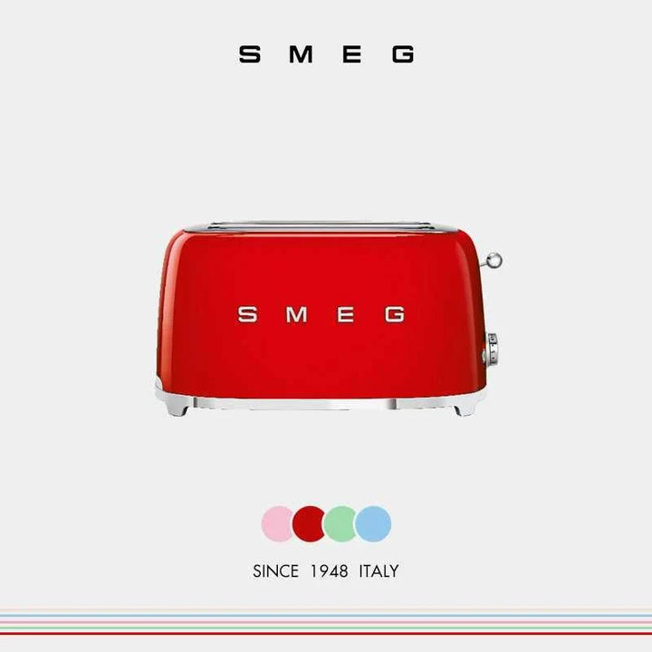 Red SMEG TSF02 toaster with two wide slots and classic Italian design for perfect toasting